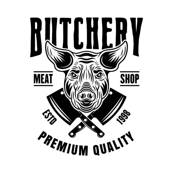 Butchery shop vektor emblem, bricka, etikett eller logotyp med grishuvud i vintage monokrom stil isolerad på vit bakgrund — Stock vektor