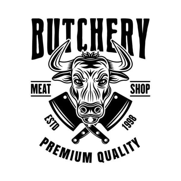 Butchery shop vektor emblem, bricka, etikett eller logotyp med tjur huvud i vintage monokrom stil isolerad på vit bakgrund — Stock vektor