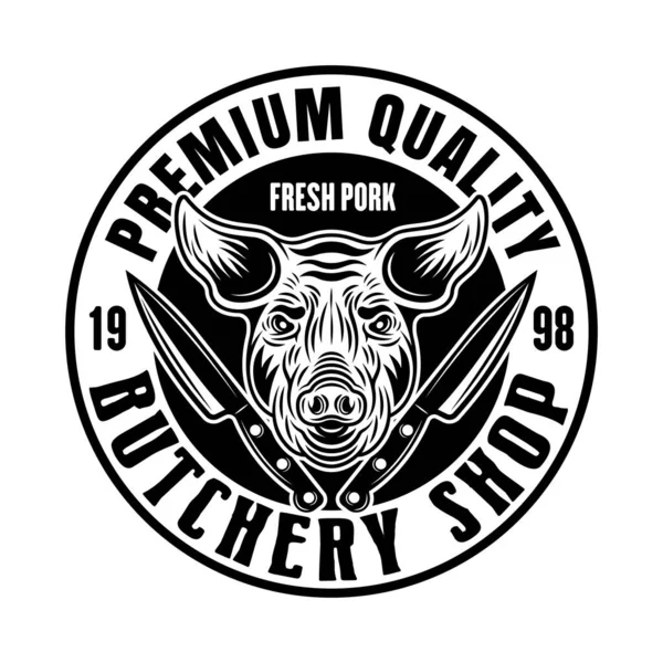 Butchery shop vektor runda emblem, bricka, etikett eller logotyp med grishuvud i vintage monokrom stil isolerad på vit bakgrund — Stock vektor