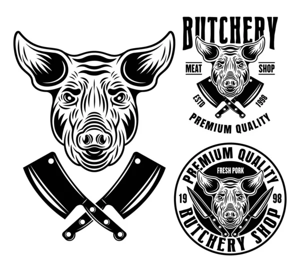 Varkenskop en twee slagerij emblemen, badges, labels of logo 's vector monochrome illustratie in vintage stijl geïsoleerd op witte achtergrond — Stockvector
