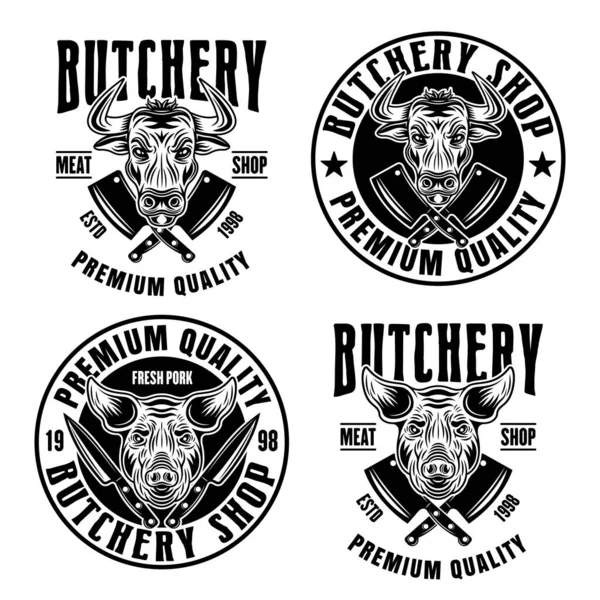 Uppsättning av fyra butchery shop vektor emblem, märken, etiketter eller logotyper i vintage monokrom stil isolerad på vit bakgrund — Stock vektor
