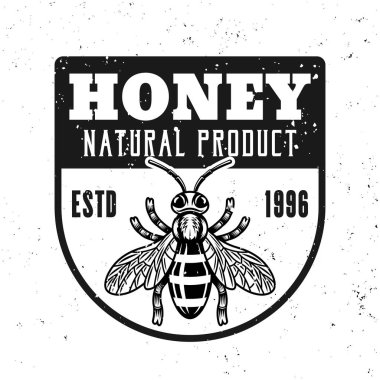 Arıcılık ve bal taşıyıcı amblemi, rozet, etiket veya logo beyaz arkaplanda izole edilmiş tek renk tarzında