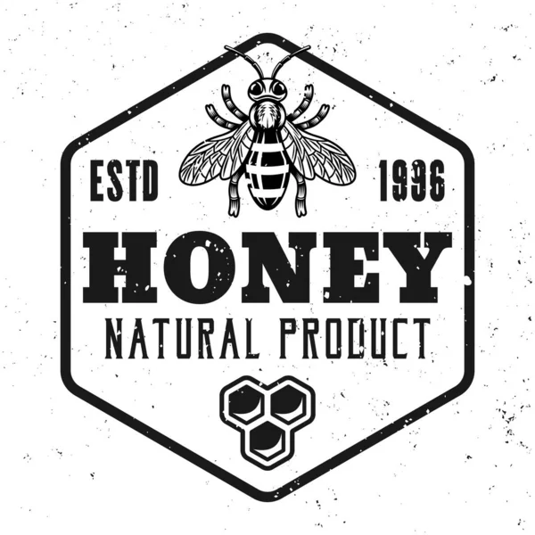 Μέλι και μελισσοκομία έμβλημα φορέα, σήμα, ετικέτα ή λογότυπο σε μονόχρωμο στυλ απομονωμένο σε λευκό φόντο — Διανυσματικό Αρχείο