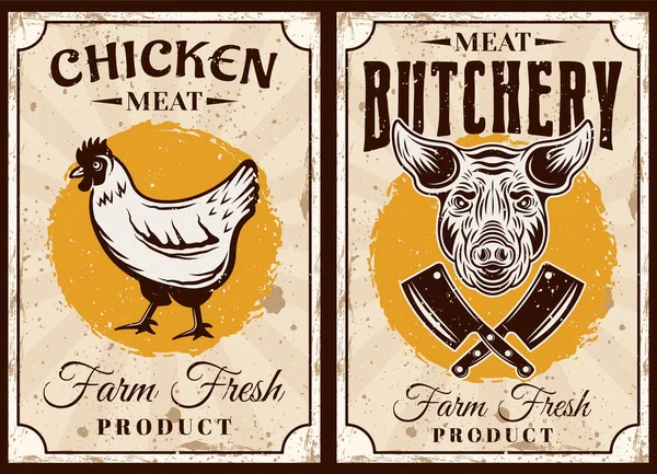 Carnicería y carnicería juego de dos carteles con ilustración vectorial de pollo y toro en estilo vintage — Vector de stock