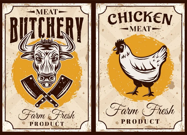 Carnicería y carnicería conjunto de dos carteles vectoriales con ilustración de pollo y toro en estilo vintage — Vector de stock