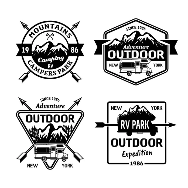 Outdoor-Camper und Wohnmobile parken Vektor monochrome Embleme, Abzeichen, Etiketten oder Logos isoliert auf weißem Hintergrund — Stockvektor