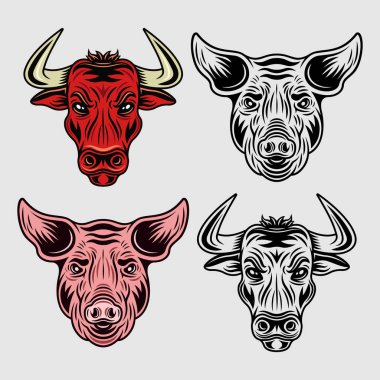 Boğa kafalı ve domuz kafalı çizgi film karakterleri. İki farklı renkte, siyah ve beyaz vektör nesneleri kümesi