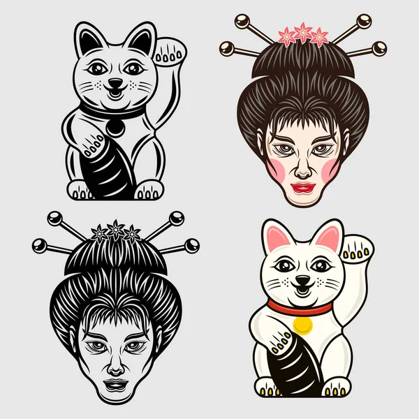 Geisha Kopf und Maneki neko glückliche Katze japanische Cartoon-Charaktere Satz von Vektor-Objekte in zwei Stilen farbig und schwarz und weiß — Stockvektor