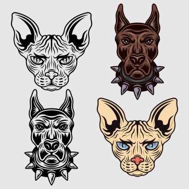 İki farklı renkte, siyah ve beyaz vektör nesneler kümesi. Doberman kafası ve sfenks kedi kafası çizgi film karakterleri.