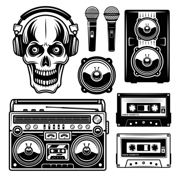 Musical equipment and skull in headphones set of vector objects or design elements isolated on white background — Stock Vector