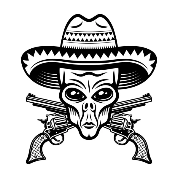 Cabeza alienígena en sombrero y pistolas cruzadas ilustración vectorial en estilo monocromo aislado sobre fondo blanco — Vector de stock