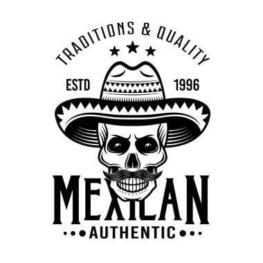 Meksika eşkiyasının kafatası sombrero vektör amblemi, rozet, etiket veya logo beyaz arka planda izole monokrom vintage tarzı