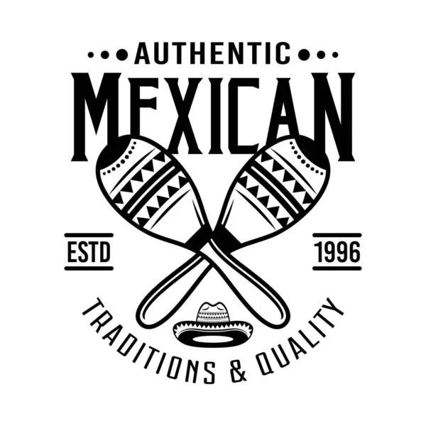 Duas maracas cruzadas emblema vetor mexicano, emblema, rótulo ou logotipos em estilo vintage monocromático isolado no fundo branco — Vetor de Stock