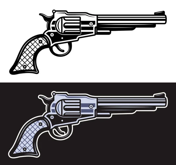 Pistola ocidental ou ilustração de vetor de revólver em dois estilos preto no branco e colorido no fundo escuro —  Vetores de Stock