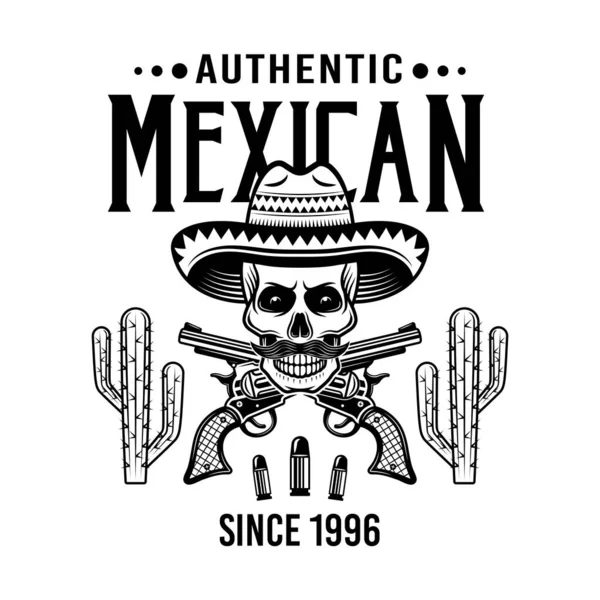Schedel van Mexicaanse bandiet in sombrero en gekruiste pistolen vector embleem, badge, label of logo 's in monochrome vintage stijl geïsoleerd op witte achtergrond — Stockvector