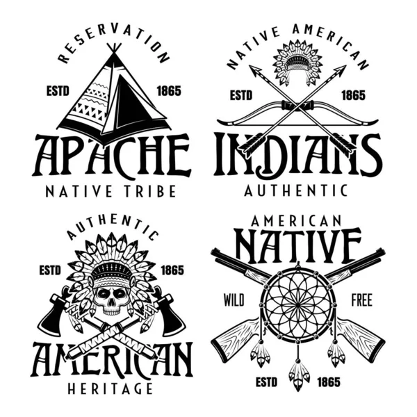 Índios nativos americanos conjunto de quatro emblemas vetor vintage, rótulos, emblemas ou logotipos em estilo monocromático isolado em fundo branco — Vetor de Stock