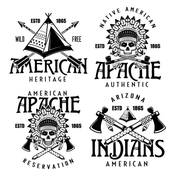 Коренные индейцы Америки набор из четырех векторных винтажных эмблем, этикетки, значки или логотипы в монохромном стиле изолированы на белом фоне — стоковый вектор