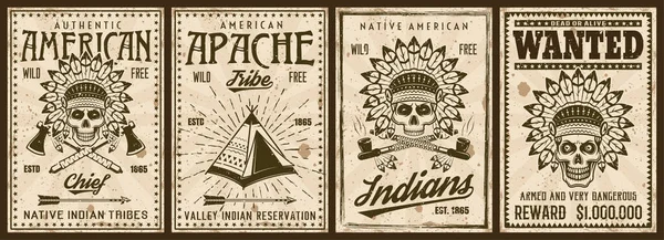 Americanos indios nativos conjunto de cuatro plantillas de póster vintage ilustración vectorial con texturas grunge — Vector de stock