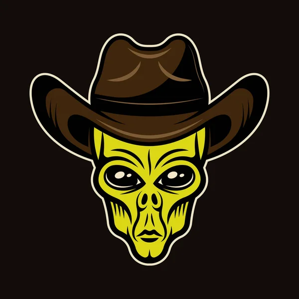 Alien head in cowboy hat διανυσματική απεικόνιση σε πολύχρωμο στυλ κινουμένων σχεδίων που απομονώνονται σε σκούρο φόντο — Διανυσματικό Αρχείο