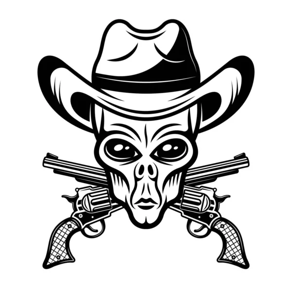 Cabeza alienígena en sombrero de vaquero y pistolas cruzadas vector ilustración en estilo monocromo aislado sobre fondo blanco — Vector de stock