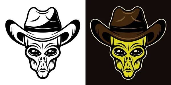 Cabeza alienígena en vaquero sombrero vector ilustración en dos estilos negro sobre blanco y colorido sobre fondo oscuro — Archivo Imágenes Vectoriales