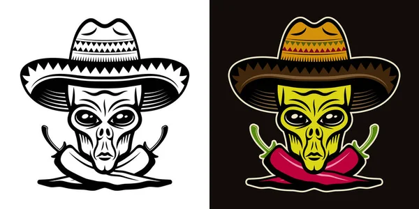 Cabeza alienígena en sombrero y dos chiles cruzados vector ilustración en dos estilos negro sobre blanco y colorido sobre fondo oscuro — Archivo Imágenes Vectoriales