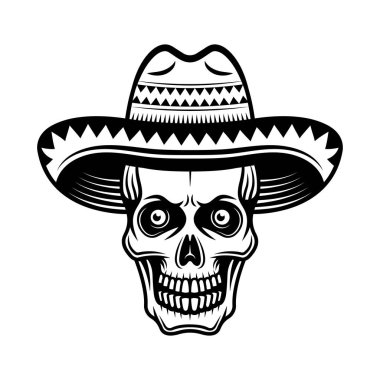 Sombrero şapka vektör illüstrasyonundaki kurukafa beyaz arkaplanda izole edilmiş tek renkli vintage tarzında