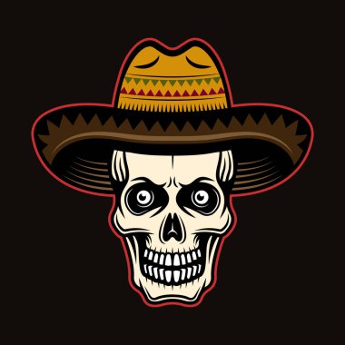 Koyu arkaplanda izole edilmiş renkli çizgi film tarzında sombrero şapka vektör illüstrasyonunda kafatası