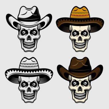 Sombrero ve kovboy şapkalı kafatası vektör nesneler ya da tasarım elementlerinden oluşan bir set. İki tür siyah ve renkli.