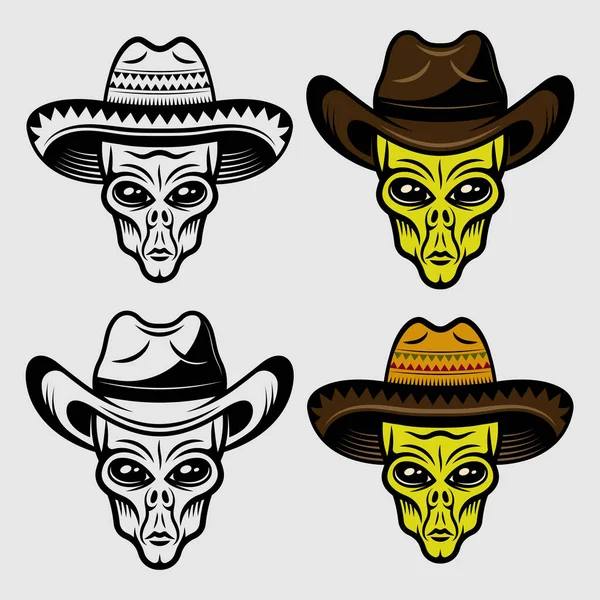 Чужие головы в сомбреро и шляпе cowboy набор векторных объектов или элементов дизайна он два стиля черный и цветной — стоковый вектор
