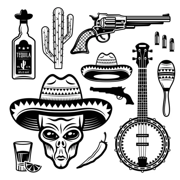 Alien mexican bandit and different native attributes set of vector objects or elements in black and white vintage style isolated illustration — Stock Vector