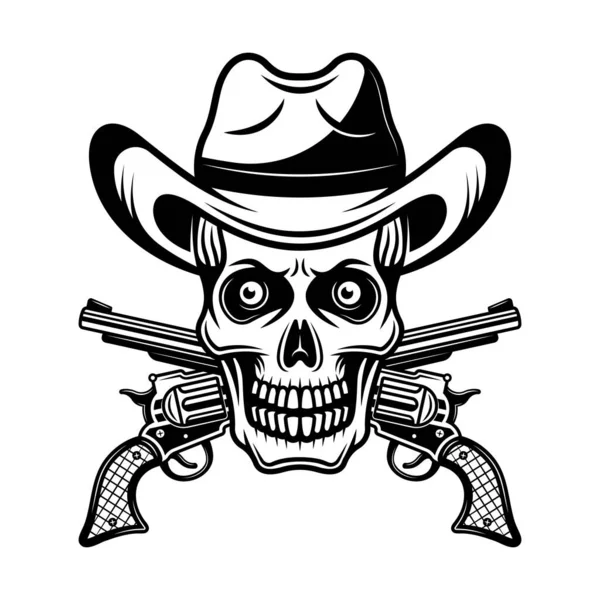 Crânio em chapéu de cowboy e duas pistolas cruzadas ilustração vetorial em estilo vintage monocromático isolado no fundo branco —  Vetores de Stock