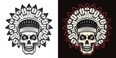 Kafatası Hint başlığı vektör illüstrasyonunda iki stilde siyah beyaz ve koyu arkaplanda renkli