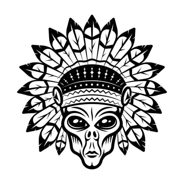 Alien huvud i indian huvudbonad vektor illustration i monokrom vintage stil isolerad på vit bakgrund — Stock vektor