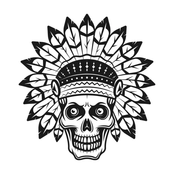 Calavera en el tocado indio vector ilustración en estilo vintage monocromo aislado sobre fondo blanco — Vector de stock