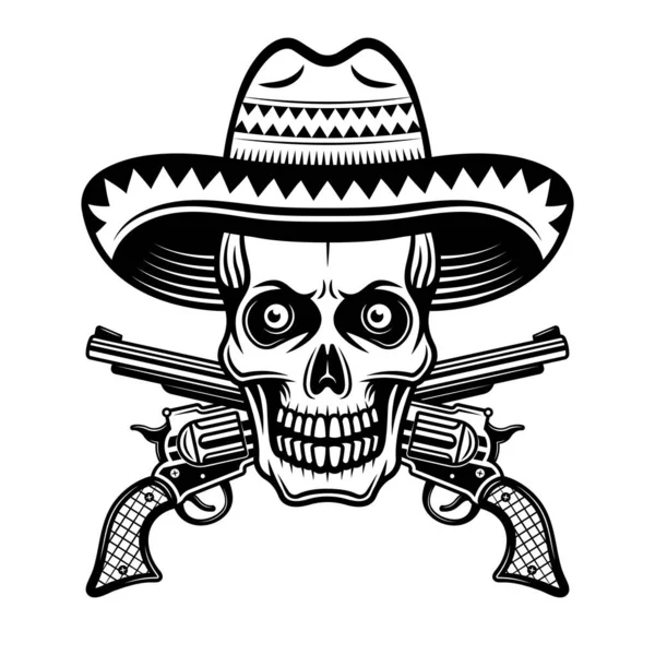 Calavera en sombrero mexicano y dos pistolas cruzadas vector ilustración en estilo vintage monocromo aislado sobre fondo blanco — Vector de stock