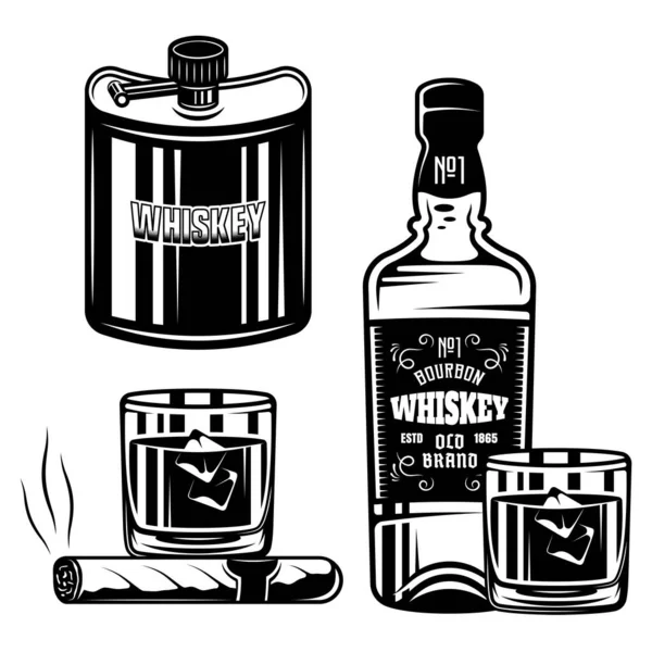 Whiskey készlet vektor fekete tárgyak vagy tervezési elemek elszigetelt fehér alapon — Stock Vector