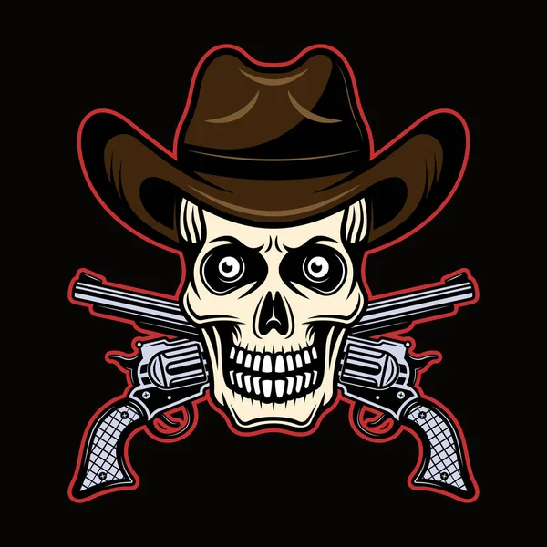 Calavera en sombrero de vaquero y dos pistolas cruzadas vector ilustración en colorido estilo de dibujos animados aislados sobre fondo oscuro — Vector de stock