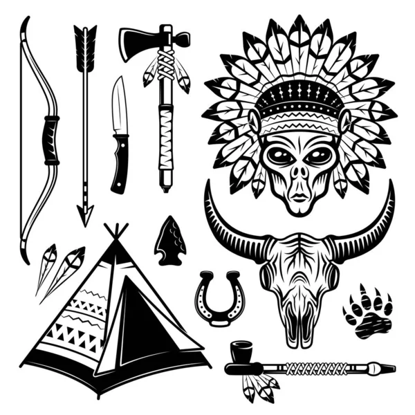 Ensemble d'objets vectoriels indiens extraterrestres et différents éléments occidentaux en illustration isolée de style vintage noir et blanc — Image vectorielle