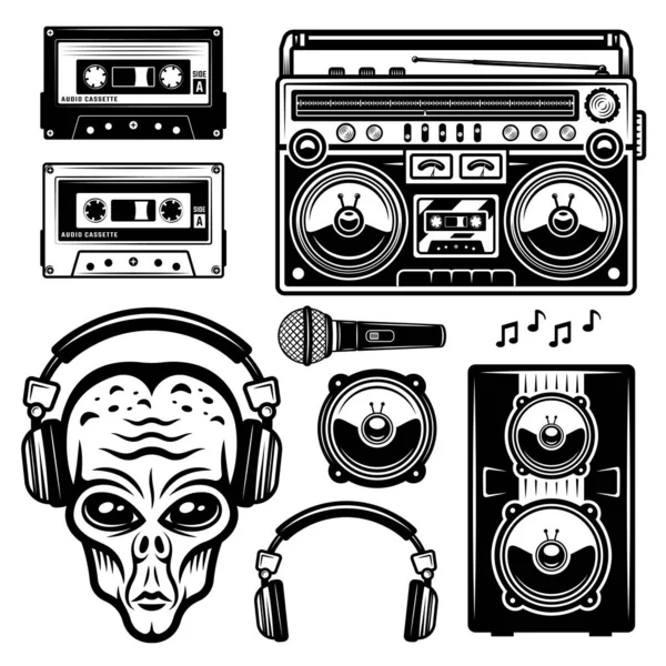 Alien in headphones and musical equipment set of vector objects or design elements isolated on white background — Stock Vector