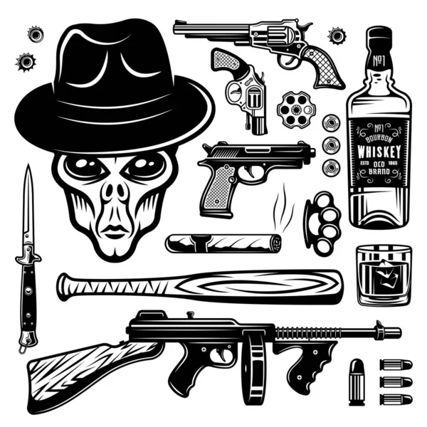 Alien gangster and weapons set of monochrome vintage objects, design elements isolated on white background vector illustration — Stock Vector