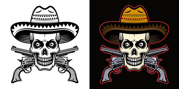 Skull in mexican sombrero hat and crossed pistols vector illustration in two styles black on white and colorful on dark background