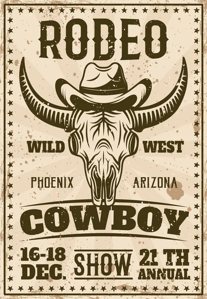 Rodeo show vintage poster with buffalo skull in cowboy hat vector illustration. Capas, textura grunge separada y texto — Vector de stock