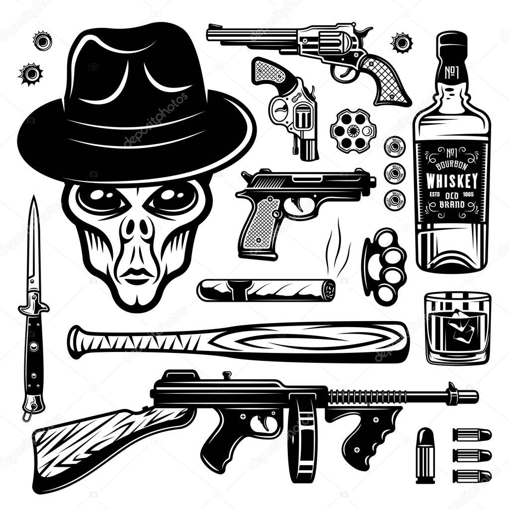 Alien gangster and weapons set of monochrome vintage objects, design elements isolated on white background vector illustration