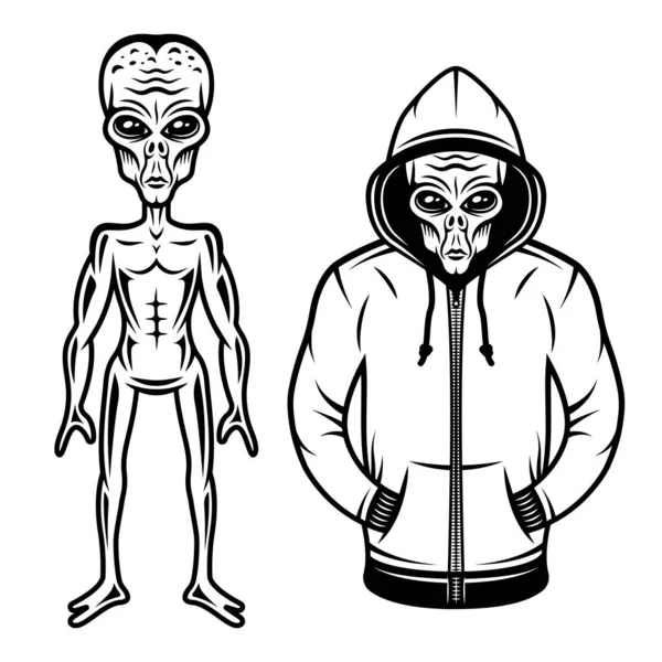 Alien in hoodie en full body alien set van vector objecten of design elementen in vintage stijl geïsoleerd op witte achtergrond — Stockvector