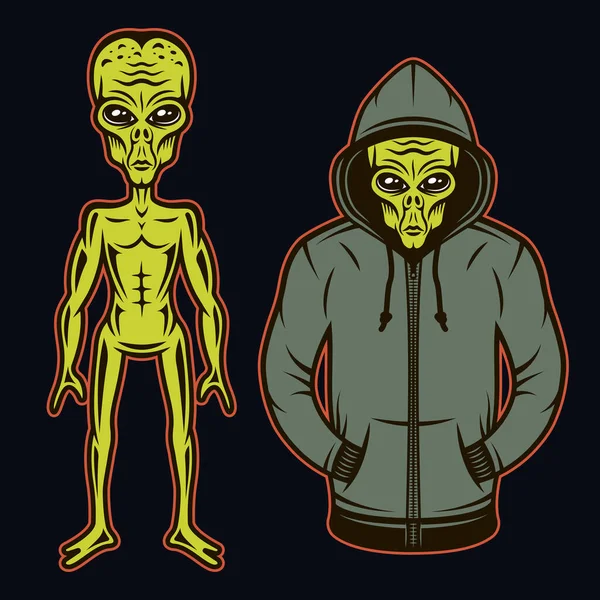 Alien en sudadera con capucha y cuerpo entero alien conjunto de objetos vectoriales o elementos de diseño en estilo de dibujos animados de color sobre fondo oscuro — Archivo Imágenes Vectoriales