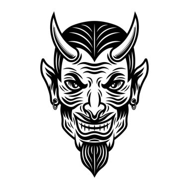 Şeytan ya da Lucifer baş vektör monokrom illüstrasyonu beyaz arkaplanda izole edilmiş klasik tarzda
