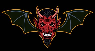 Yarasa kanatlı şeytan başı vektör illüstrasyonunu koyu arkaplanda izole edilmiş renkli çizgi film tarzıyla göster