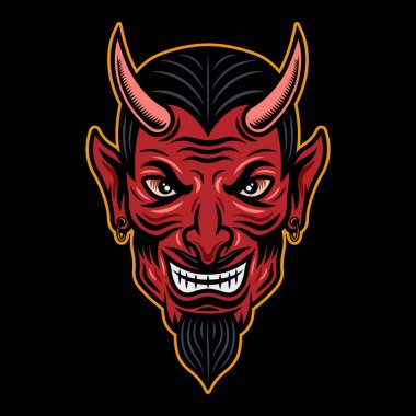 Çizgi film tarzında şeytan başı çizimi koyu arkaplanda izole