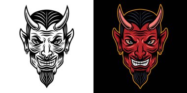 Şeytan başı iki stilde siyah üzerine siyah ve koyu arkaplan vektörü illüstrasyonunda renkli